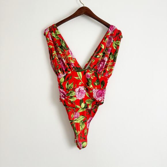ZARA Floral Plunge Side Ruched Bodysuit Red Small S - Picture 7 of 10